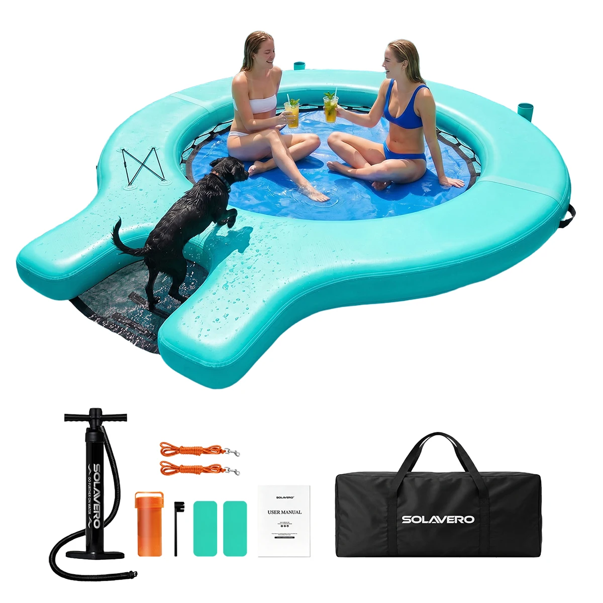 Inflatable Floating Dock with Boat Ramp, Mesh Water Hammock Lounger, Lake Float with Cup Holders, 3-4 Person Inflatable Platform for Pool, Sea, River, Party, Tanning, Pet-Friendly