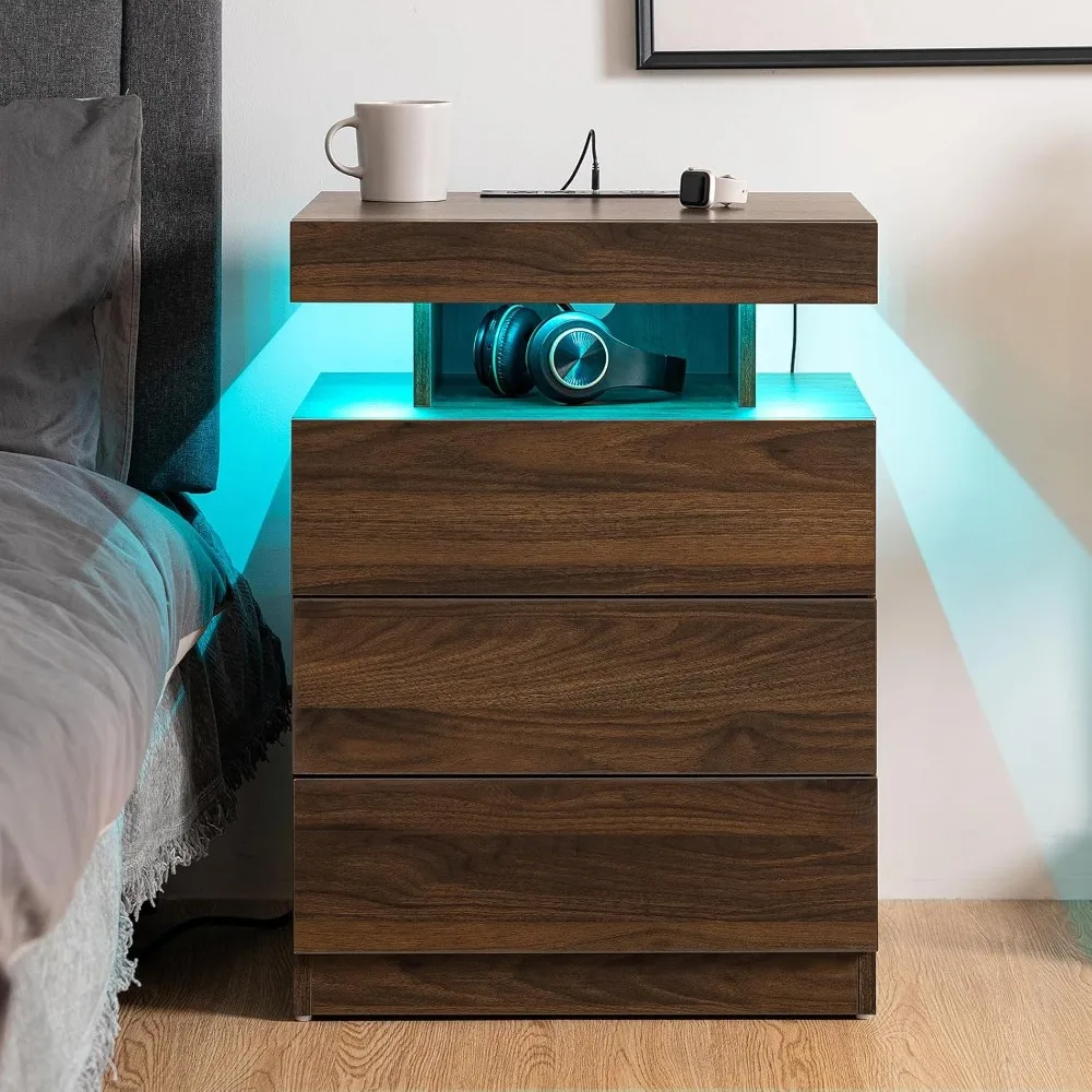 

Nightstands with Wireless Charging Station Dark Walnut Bedside Table with Led Light Smart Nightstand USB 3 Drawers Night Table