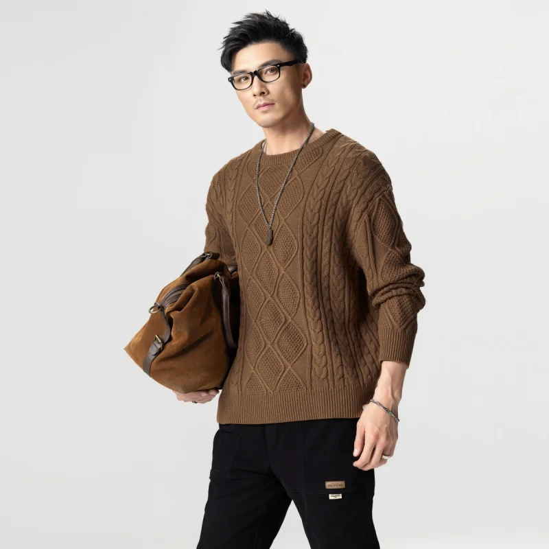 American retro knit sweater men loose round neck men twisted casual tops lazy wind versatile Large size sweater