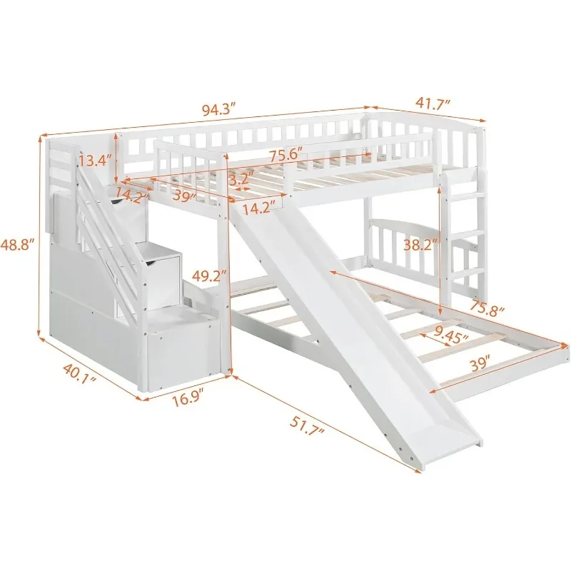 Litera doble con tobogán, litera baja de madera maciza para niños