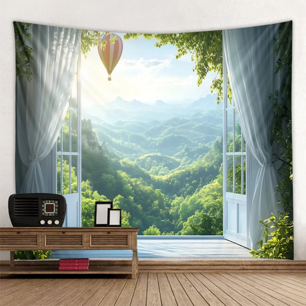 

Imitation window landscape tapestry, used for living room and bedroom decoration, Bohemian home floral wall background cloth