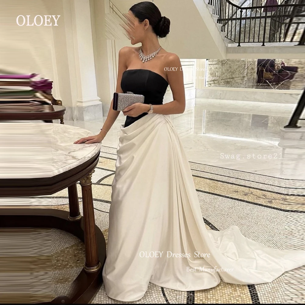 

OLOEY Classic White And Black Evening Dresses Strapless Satin Taffeta Pleats Women Long Prom Gowns Formal Party Dress Vestidos