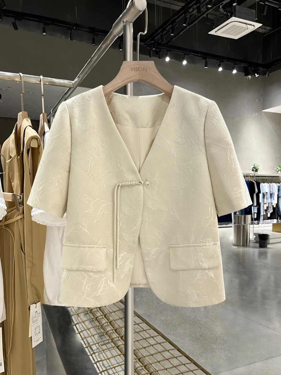 

Новый женский летний тонкий топ-жакет цвета шампань в китайском национальном стиле, на пуговицах, с коротким рукавом и V-образным вырезом, маленький размер