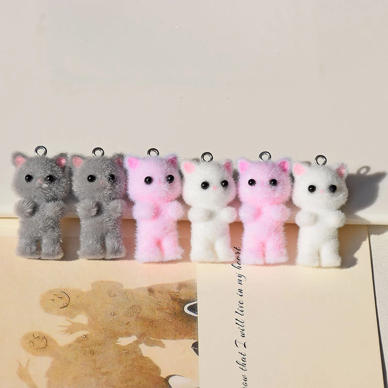 1PCS Flocking Animals Cartoon Cats Shape Resin Dolls Beads Pendant Diy Jewelry Earring Garment Keychain Pendant Accessories