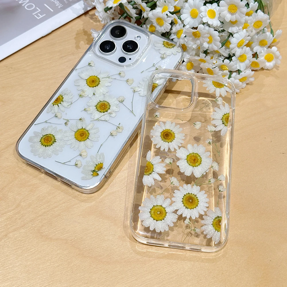 Qianliyao Real Dry Flower White Daisy Case For iPhone 15 14 13 12 Pro Max  7 8 Plus Phone Case For iphone 11 XR X XS Max Cover