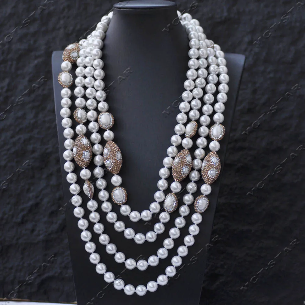 

Z14253 Long 100" 30mm White Shuttle Rice CZ Bead Round Shell Pearl Necklace