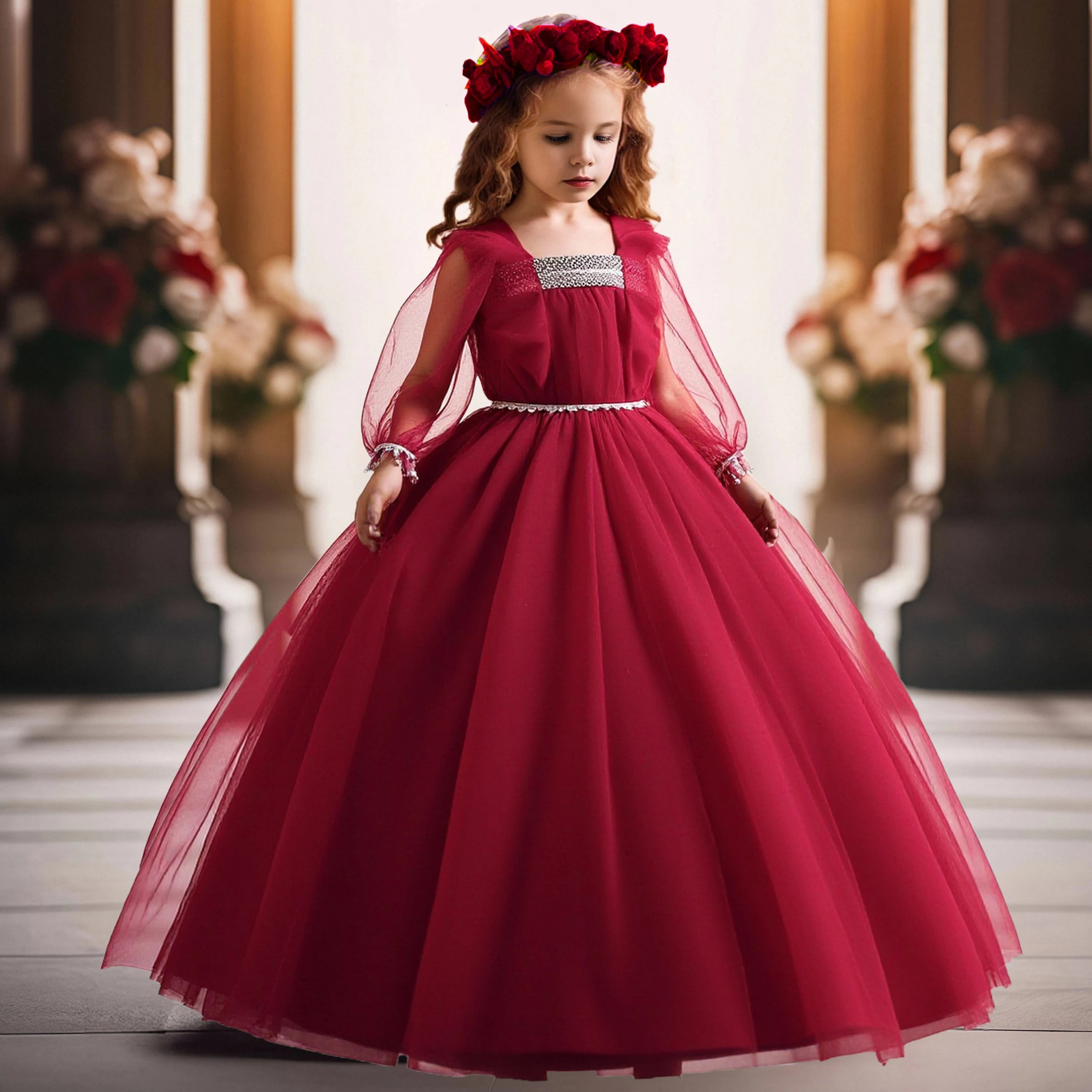 

Elegant Princess Girls Party Dress Long Sleeve Wedding Bridesmaid Kids Dresses for Girl Lace Birthday Evening Christmas Costumes