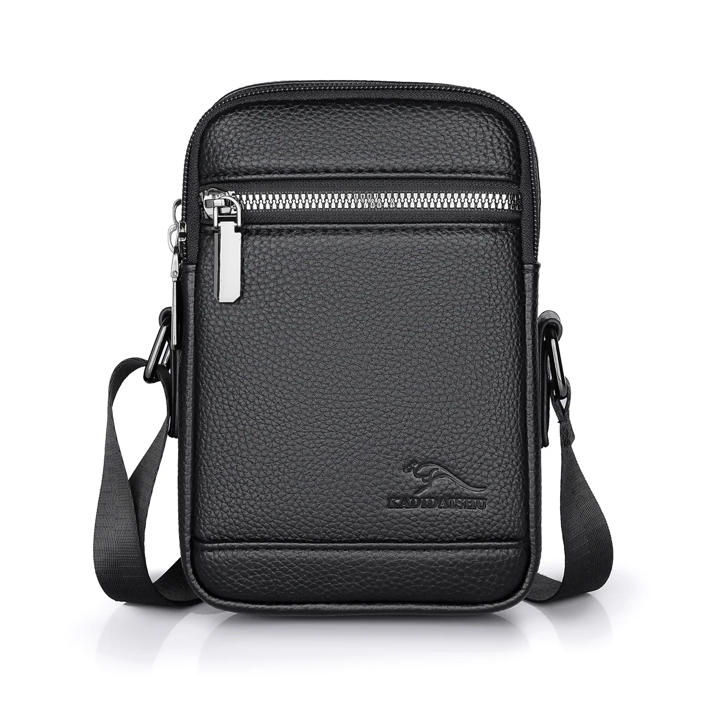 Men's Black Pebbled Leather Mini Crossbody Bag with Silver Zipper Pulls and Embossed Logo Casual Phone Pouch for Travel Work
