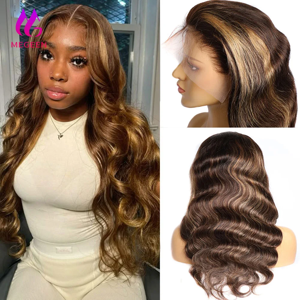 

Megeen 100% Human Hair Colored Body Wave Highlight P4/27 13X4 Lace Front Wigs Human Hair Pre Plucked Honey Blonde Lace Front Wig