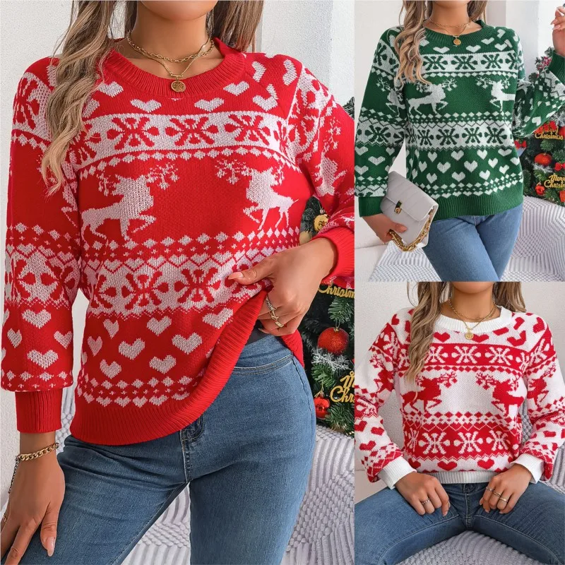 Winter Autumn Pullover Clothes Christmas Deer KnittedSweater Women Long Sleeve Round Neck Ladies Jumper Fashion Casual