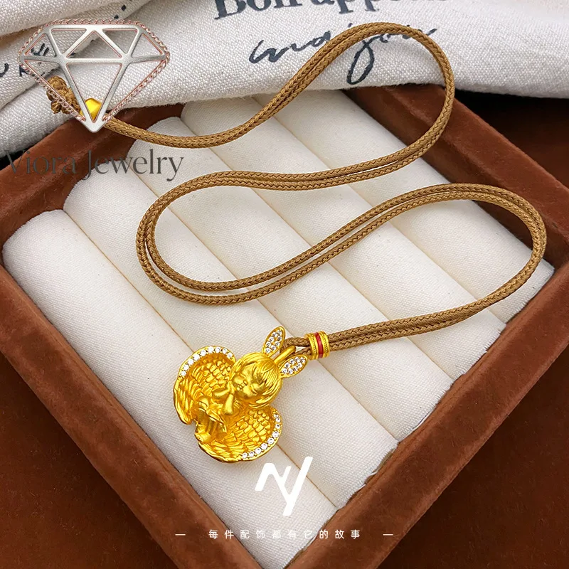 Viora Jewelry Light luxury design 24K real gold diamond wings sleeping little angel pendant braided rope 9999 necklace little an