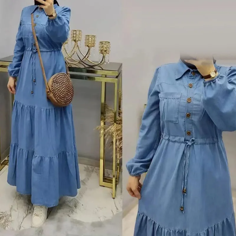 

Women's Blue Denim Dress Elegant Muslim Slim Abayas Femme Caftan Islamic Fashion Long Dresses Robe Longue Elegant Lady Tunics