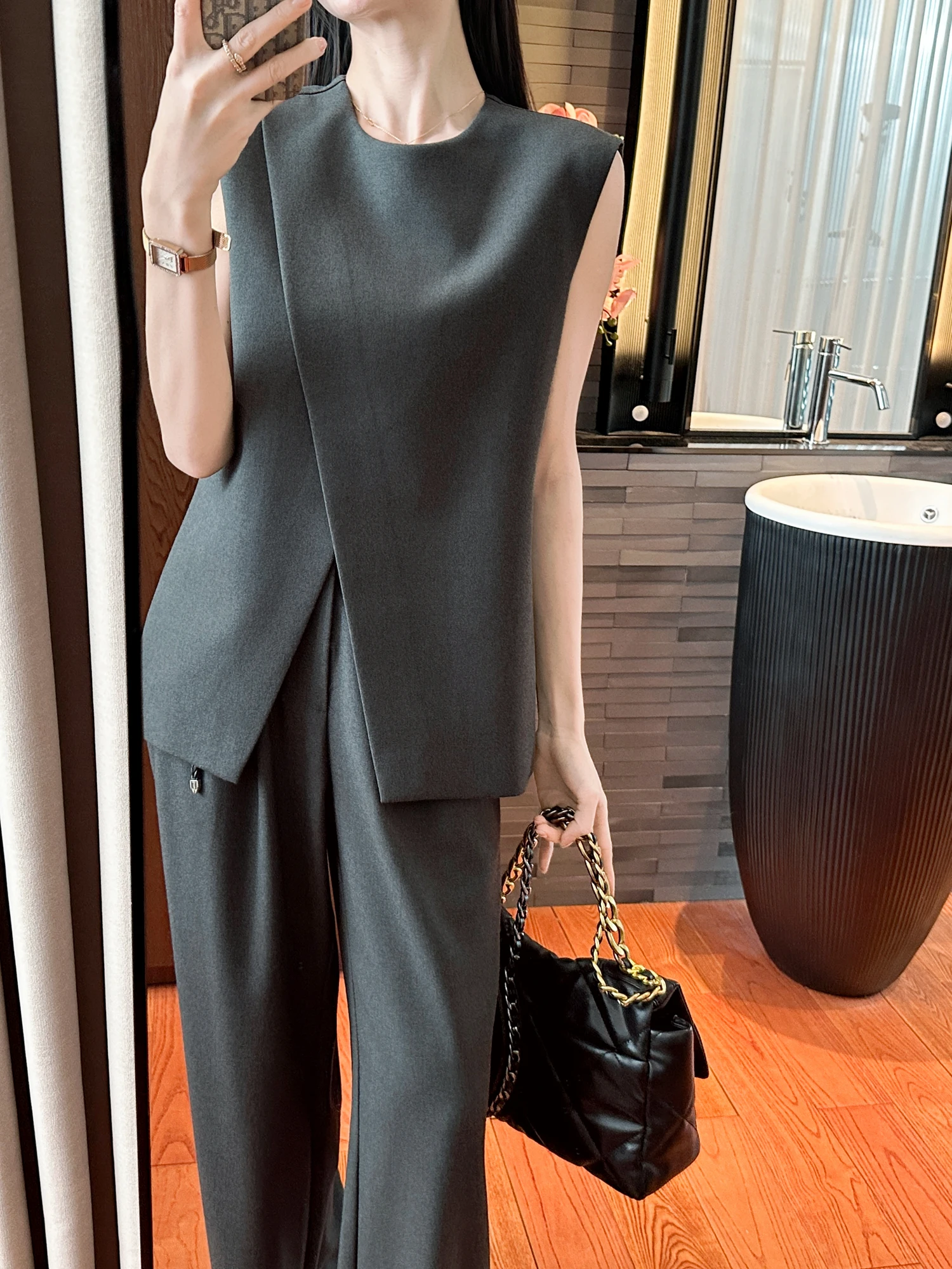 

You See ey Tone Woolen Suit Ele Quali High ade ey Career Women Faion Set Long Pants round Ne Spring Outfit