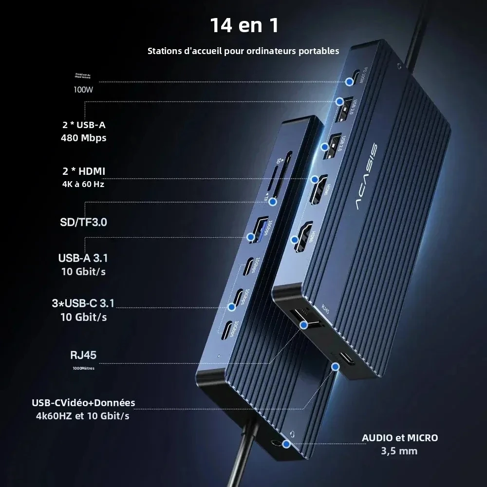 Acasis 10Gbps 14 in 1 USB-C Docking Station Type-C to 2 HDMI 1 USB-C/DP 4K/60H Video Output PD100W 85W Input 1000Mbps Ethernet