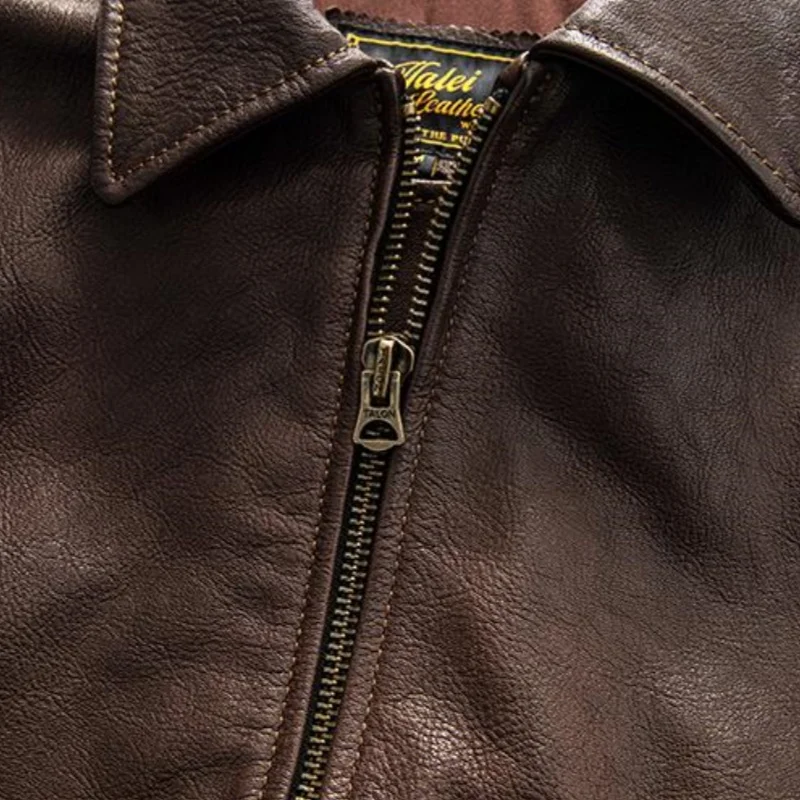 Brown Autumn Leather Jacket Men Military Style Plus Size 5XL Genuine Natural Cowhide G1 Flight Leather Coat