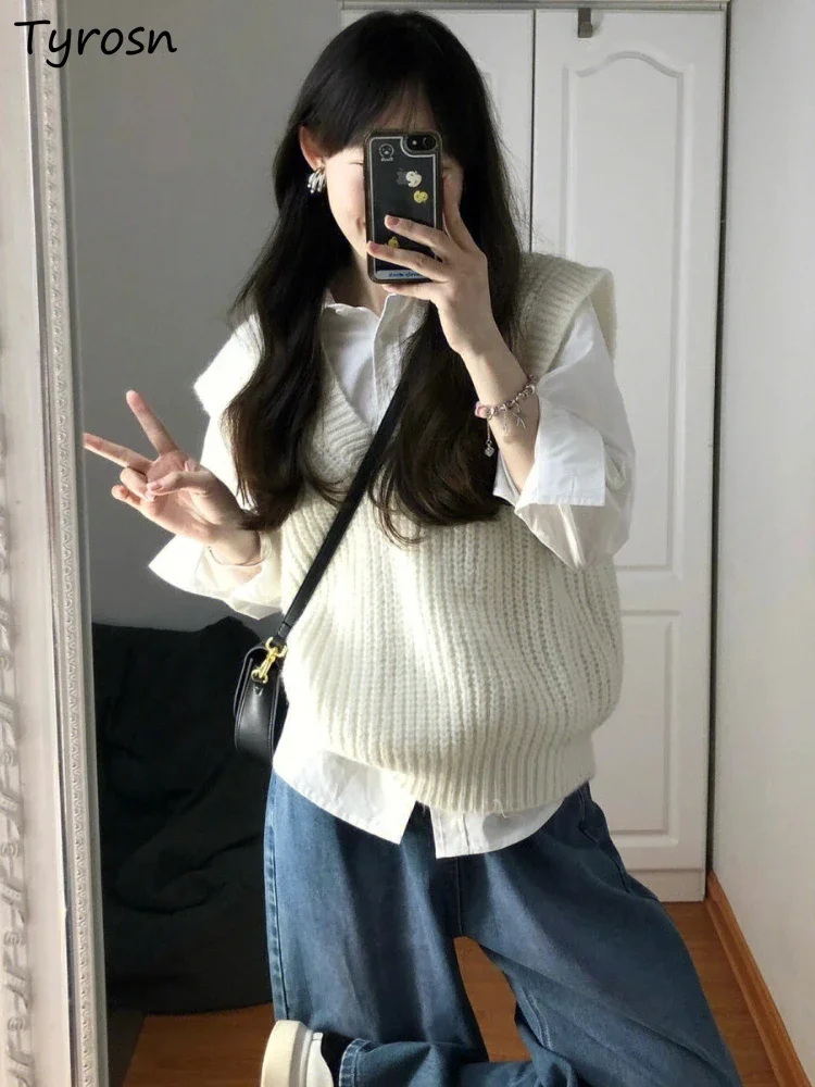 

Sweater Vests Women Classic Preppy Students Minimalist Pure Loose Fashion Korean Style Basic Autumn Knitting Leisure New Design