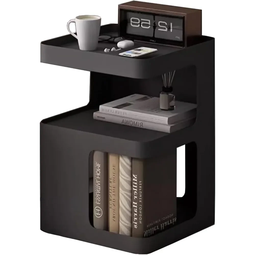 Modern coffee table, unique bedside table, black metal bedside table, three-layer accent table with bedroom storage space