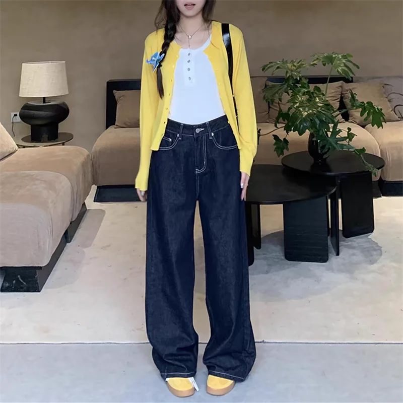 Women's High Waisted Deep Blue Baggy Jeans Cool Girl Solid Color Straight Pants Female Casual Loose Wide Leg  Denim Trousers