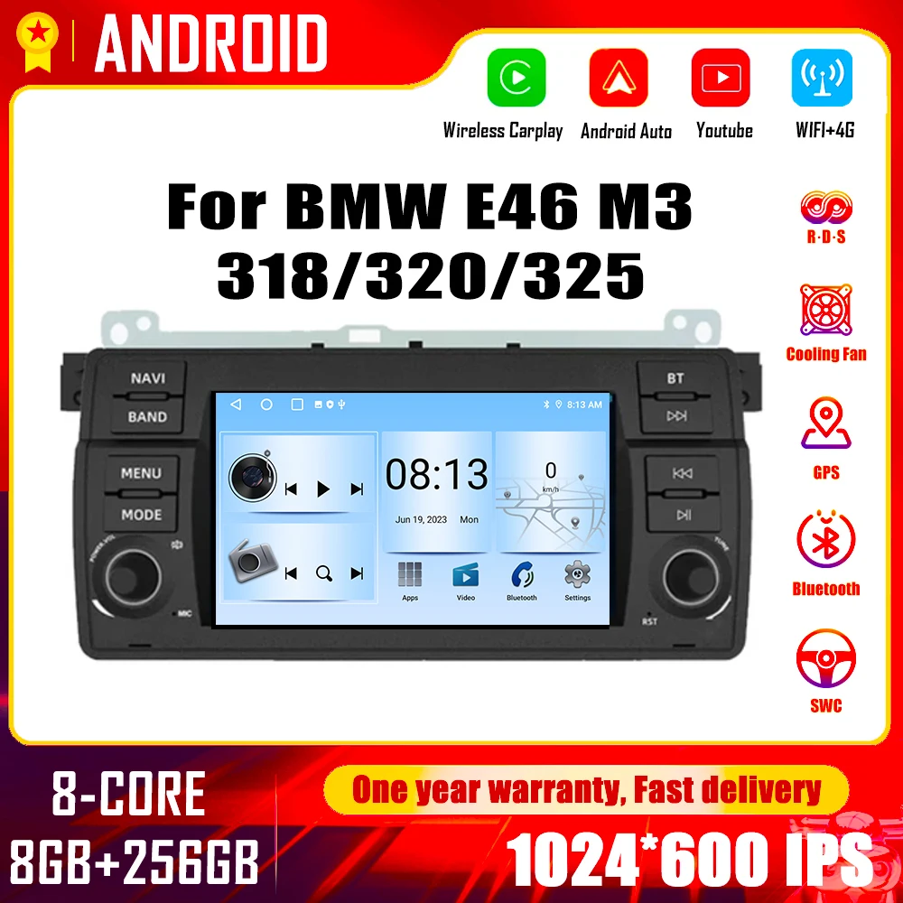 

7" Android 14 for BMW E46 M3 318/320/325 Radio Multimedia Video Player Carplay GPS Navigation Stereo Screem wireless carplay BT