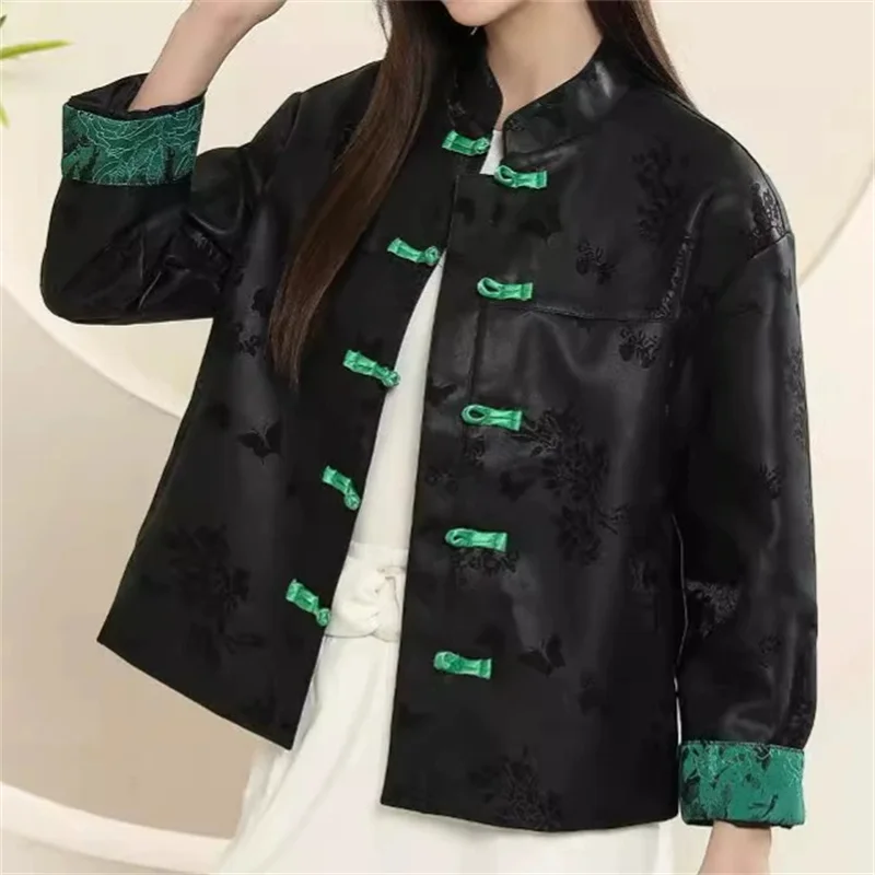Chinese-style Leather Jacket Women's Vintage Short Coat Coil-buckle Stand-up Collar Top Printed Loose PU Outerwear Spring Autumn