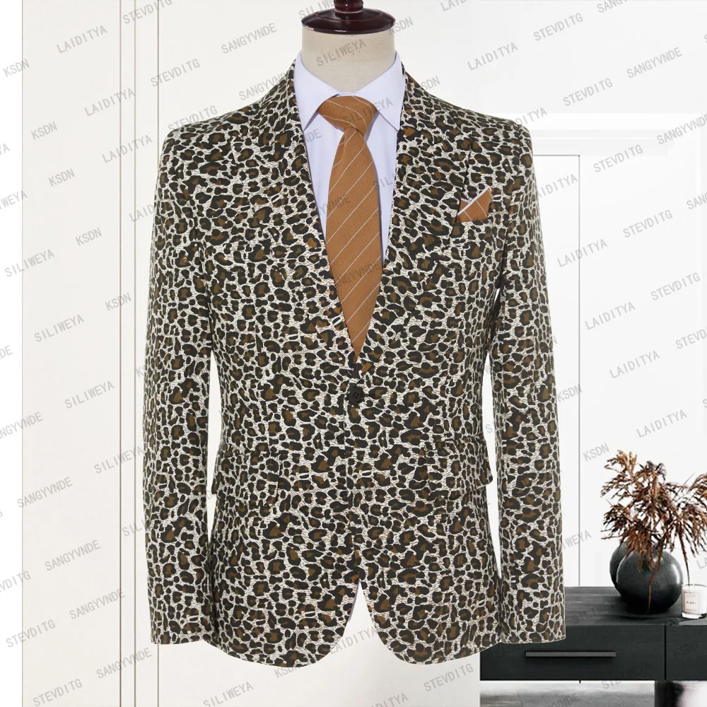 

2023 New Fashion Groom Wedding Part Prom Dress Leopard Printed Men Suit Casual Business Jacket Blazer Coat Terno Masculino