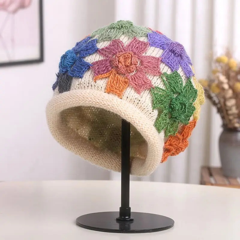 Women Hat Sweet Crochet Knit Floral Beanie Hat Ladies Autumn Winter Skullies Beanies Female Retro Bonnet