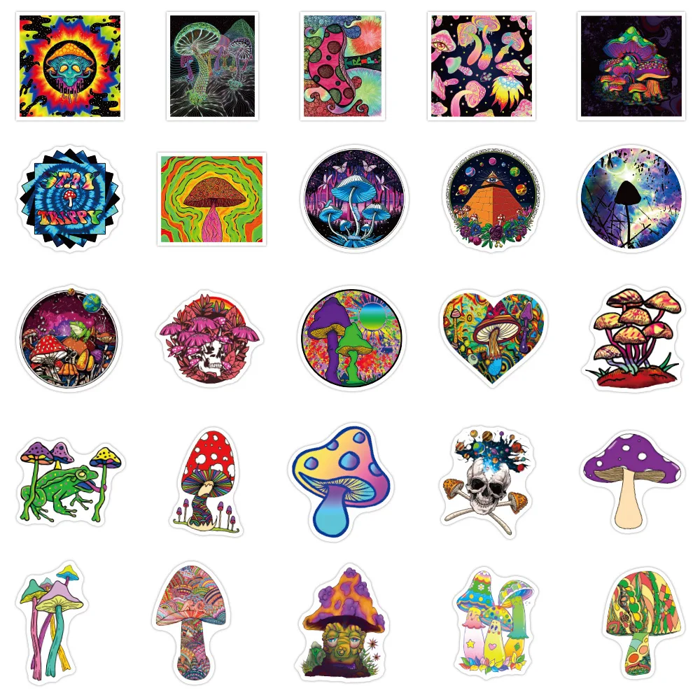 50/100Pcs/Pack INS Cartoon Hip Hop Rainbow Mushroom Stickers PVC Waterproof Stickers Decals For Kids Boys Girls Toys Gifts