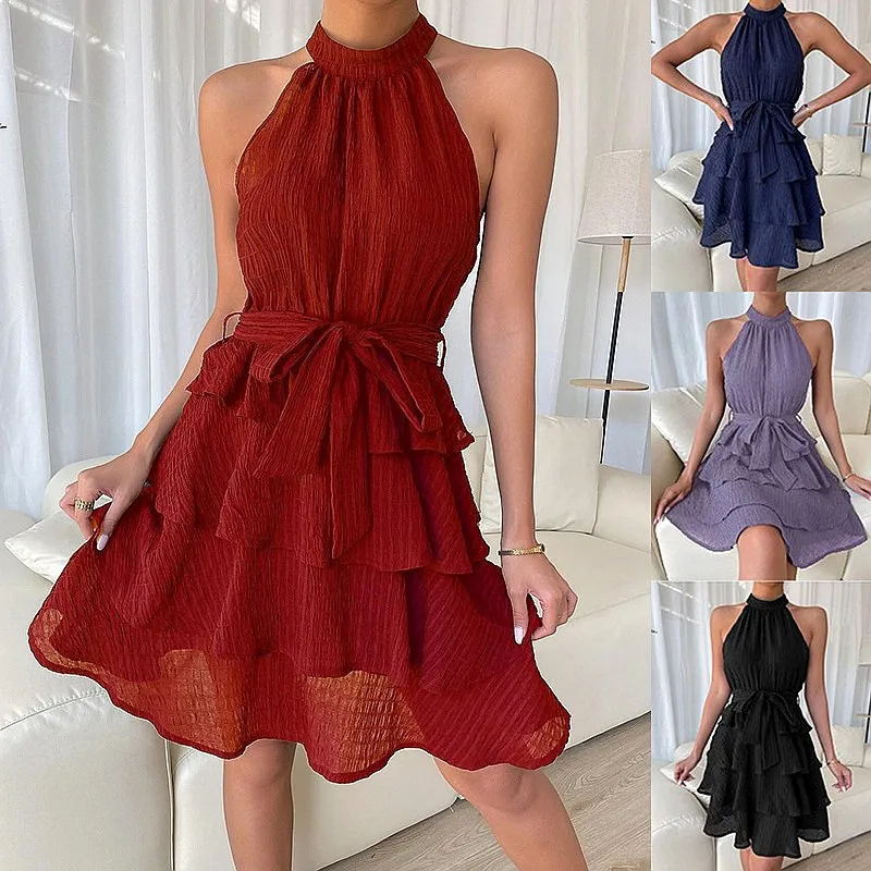Women Sleeveless Halter Neck Ruffle Patchwork Dress Sexy Summer Dresses Beach Party Vacation Outfits for Ladies