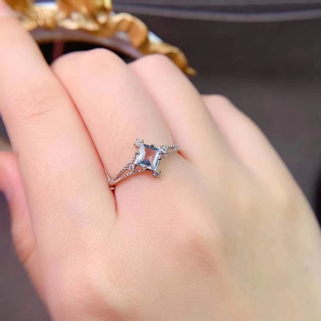 Vintage Silver Gemstone Ring 5mm Princess Square Cut Natural Aquamarine Ring 925 Silver Aquamarine Jewelry view 6