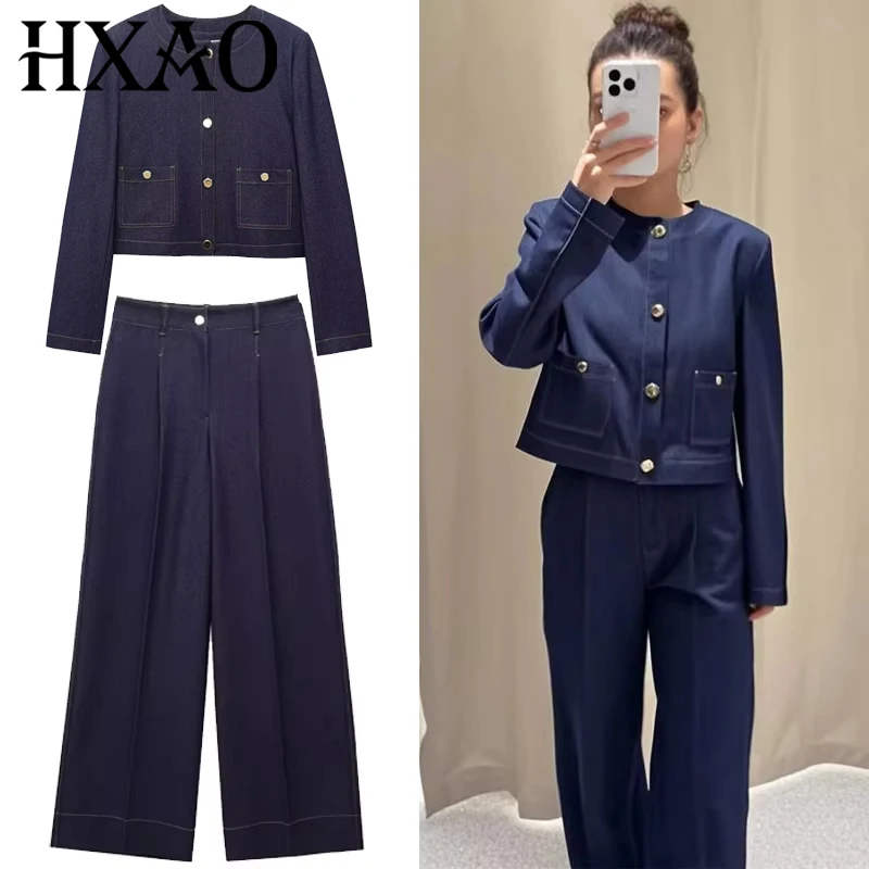 HXAO Frau 2025 Denim-Hosen-Sets für Damen, zweiteiliges Set, elegantes Crop-O-Ausschnitt-Mantel-Anzug-Set, 2-teiliges Damen-Hosen-Set mit hoher Taille
