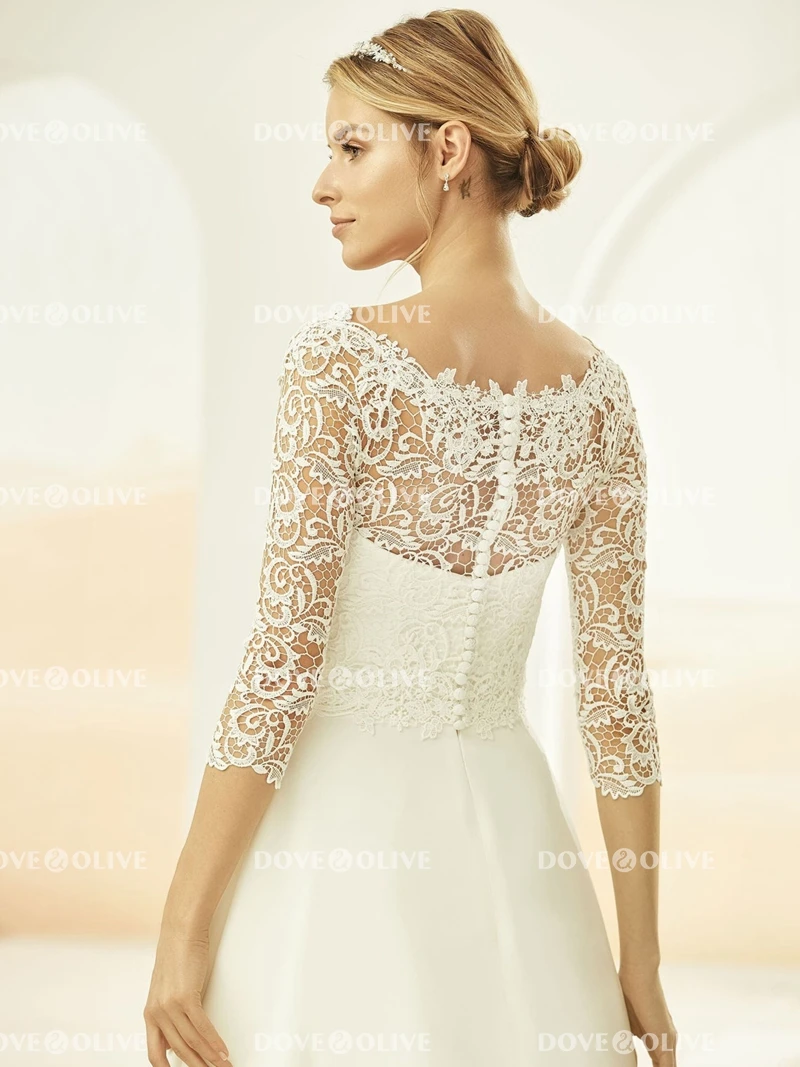 Ivory Wedding Bolero Lace with 3/4 Long Sleeves Buttons Bridal Jacket Women Cape Top Cover Bride Shrug Party Wrap