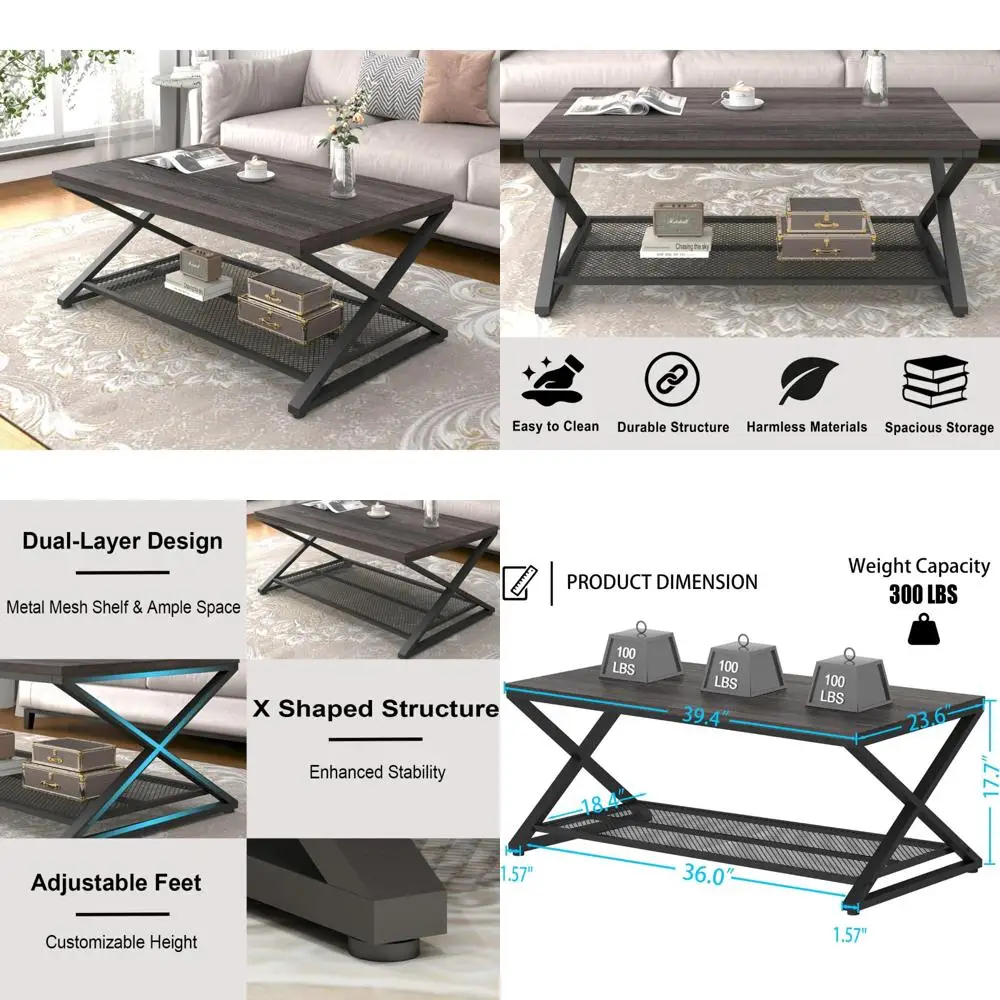 

Two-Tier Wood and Metal Farmhouse Coffee Table with Storage for Living Room