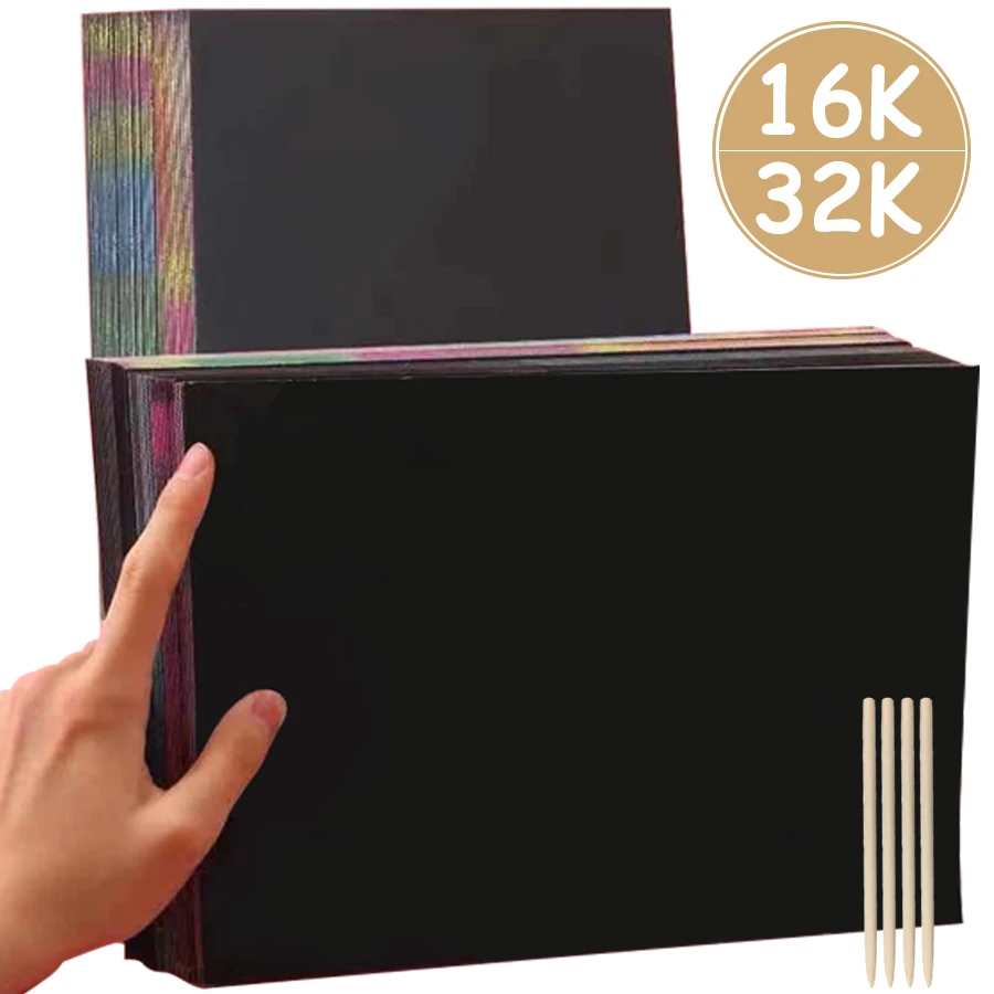 20pcs 16/32K Black Scratch Paper DIY Creative Painting Scraping Paper with Bamboo Stick Colorful Drawing Paper Art Painting Kit