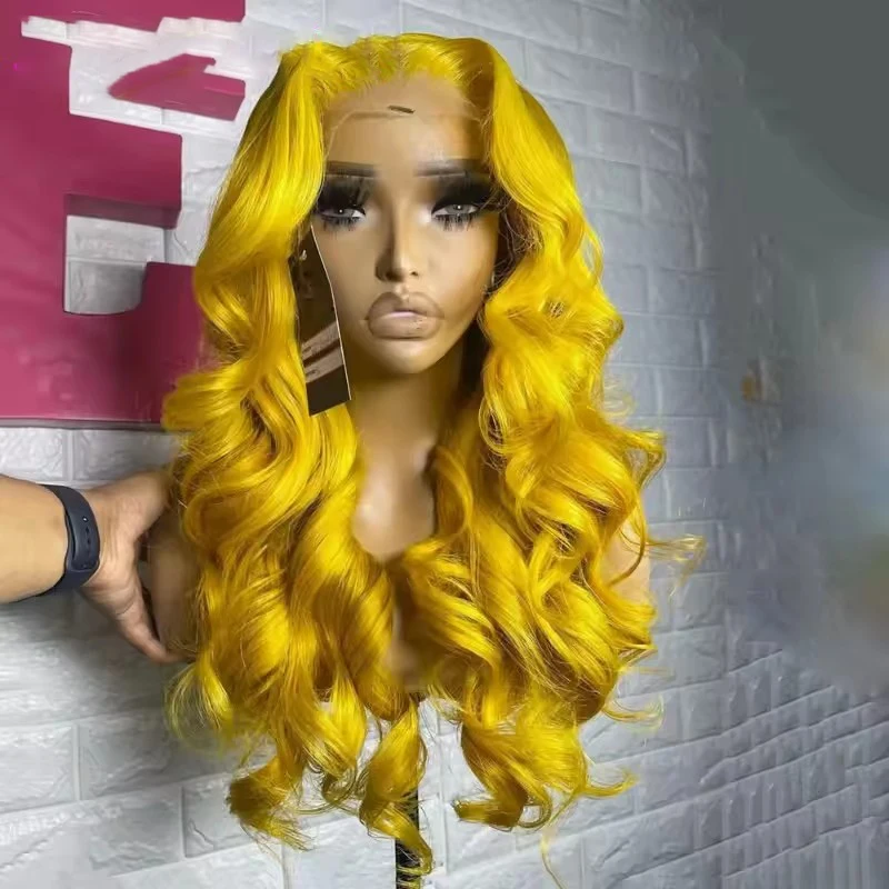 ZXBMALWIGS Long  Yellow Loose Wave Synthetic Hair Lace Front Wigs for Women  High Temperature Fiber Lace Wigs Daily Cosplay