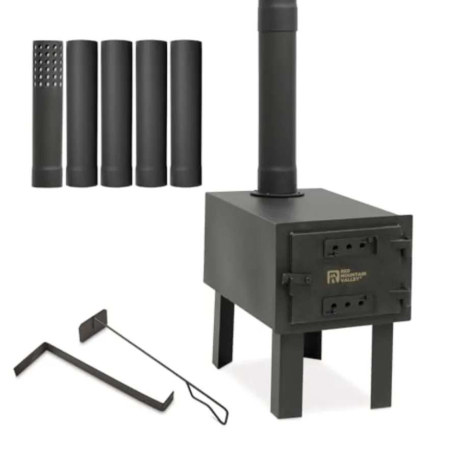 

Red Mountain Valley Outdoor Portable Tent Wood Burning Stove with 5-Section Chimney and 2 Dual Rakes Hot Tiny RV Cast Iron Tent