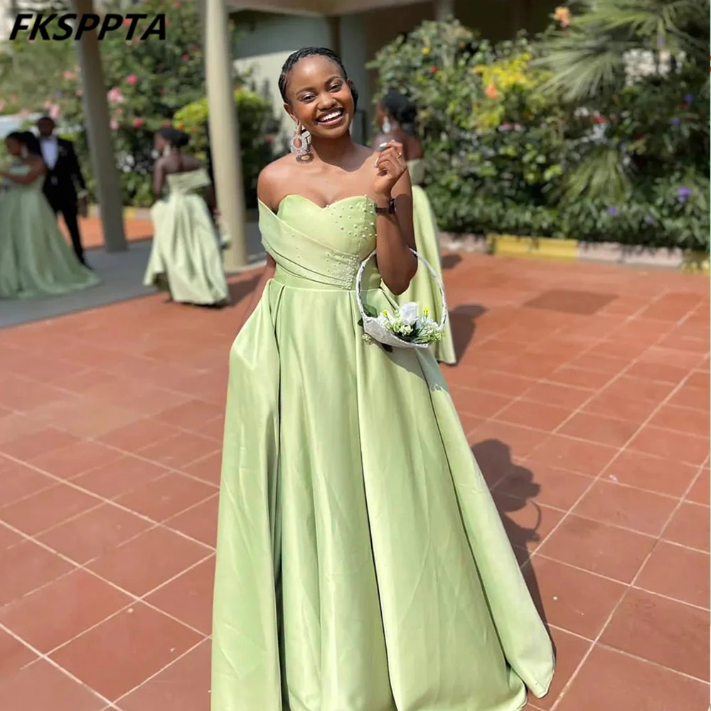 

Custom Made Green Long African Bridesmaid Dresses Sweetheart A Line Pearls Satin High Quality Wedding Guest Gowns Robe De Soiree