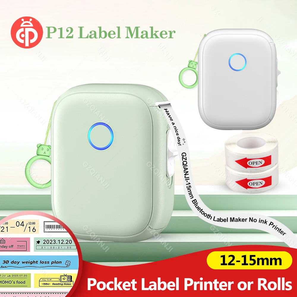 Portable Mini Labeling Printer Marklife P12 Thermal Adhesive Sticker Pocket Label Maker or 1Roll Spacer/Continues Label Paper