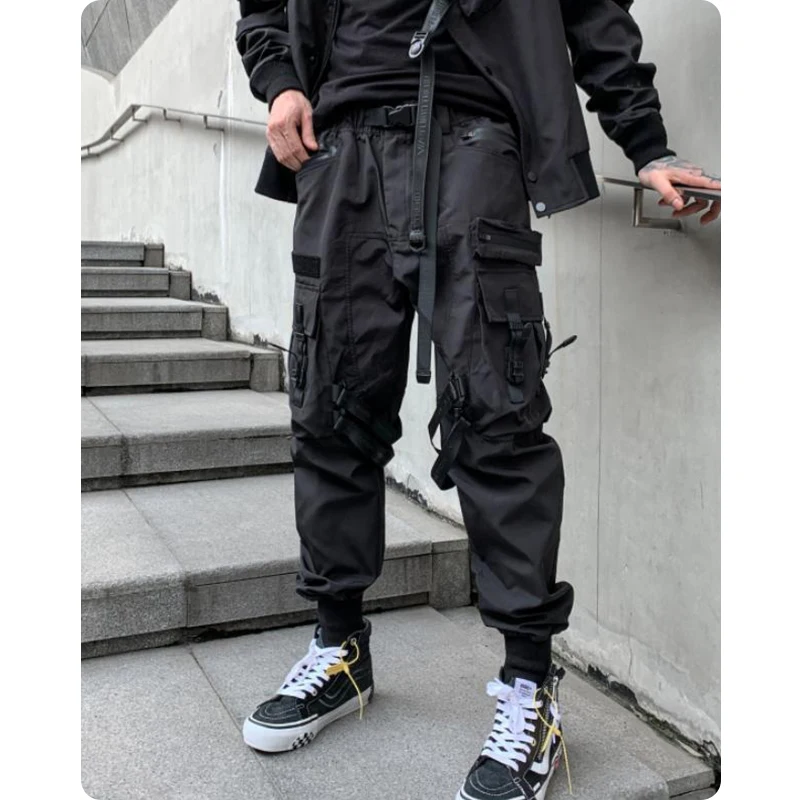 Unisex Multi-Pocket Cargo Pants Elastic Waist Overalls Men\'S Clothing Harajuku Hiphop Streetwear Ribbon Leggings Sweatpants