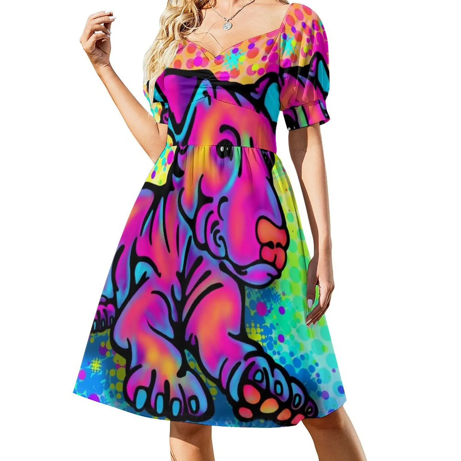 

Colour Splashed Bull Terrier Short Sleeved Dress women dresses Women's skirt Dress