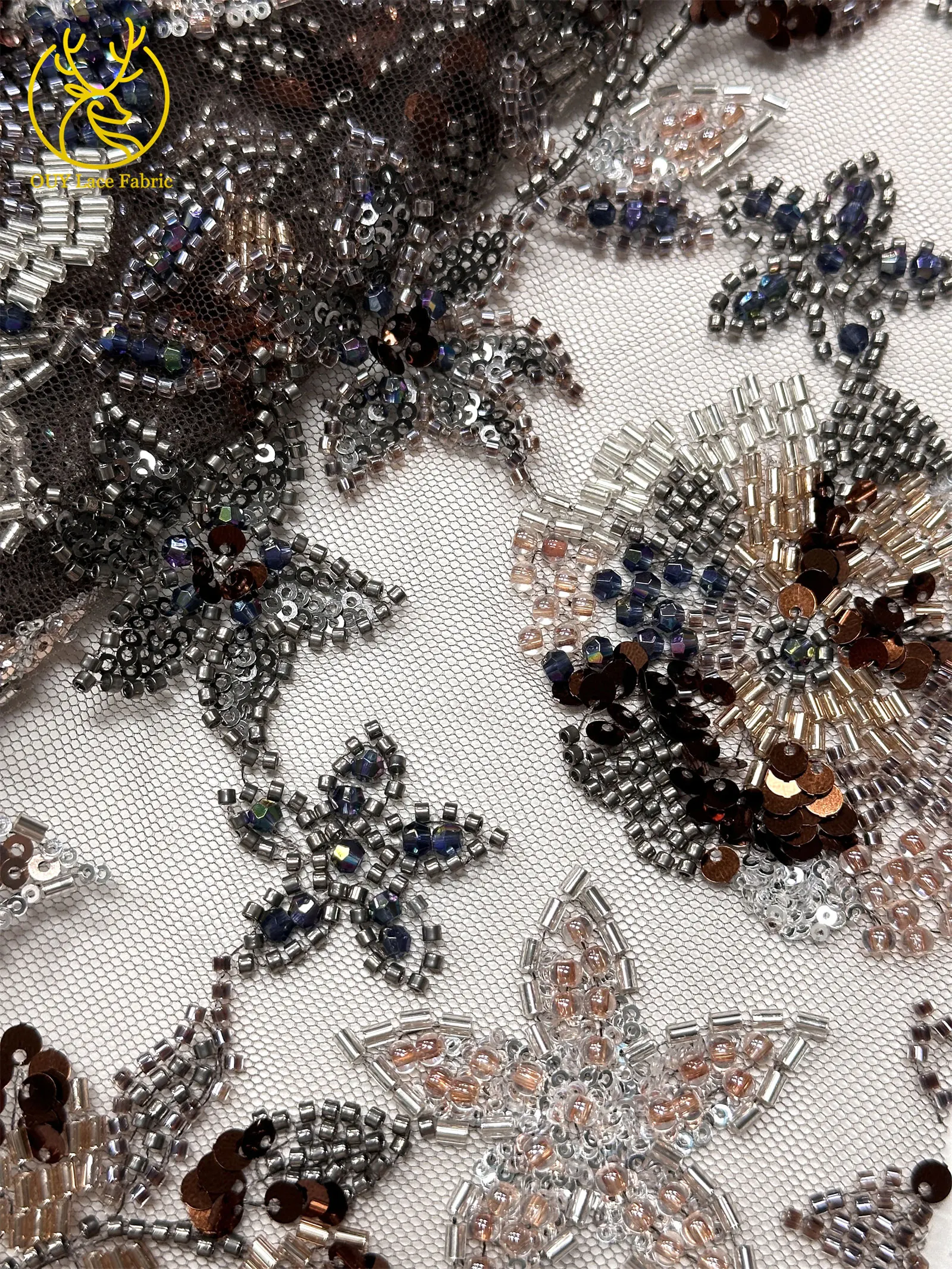 Modischer nigerianischer bestickter Perlen-Spitzenstoff, eleganter afrikanischer Pailletten-Netzstoff für Brautkleider und Partykleider zum Nähen – Detail 31