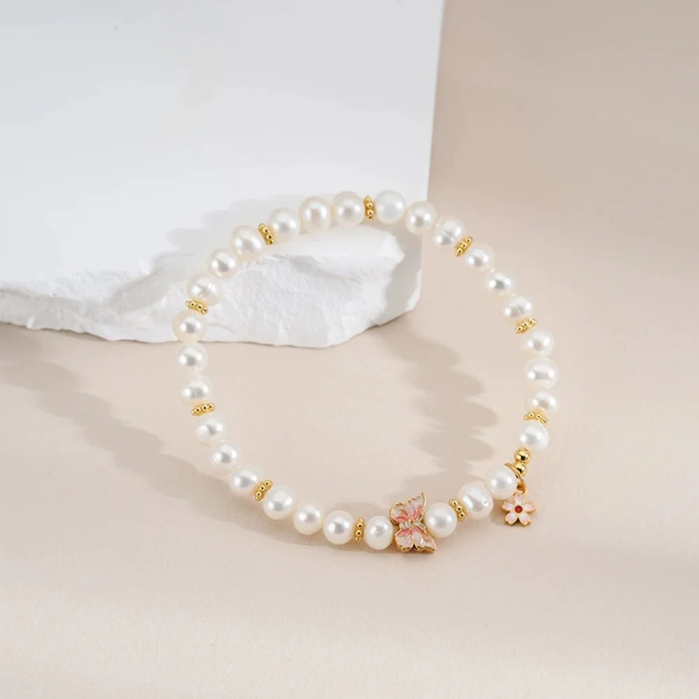 

Браслет с пресноводным жемчугом и бабочкой для женщин, S925, подвеска из чистого серебра с цветком, браслет ручной работы, элегантные ювелирные изделия