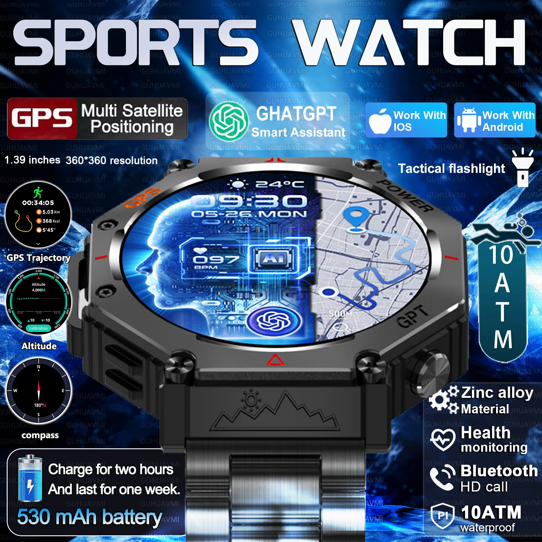 New Bulit-in GPS Military Outdoor Smart Watch Men Flashlight Compass HD call Heart rate 10ATM Waterproof Sports Smart watch 2026