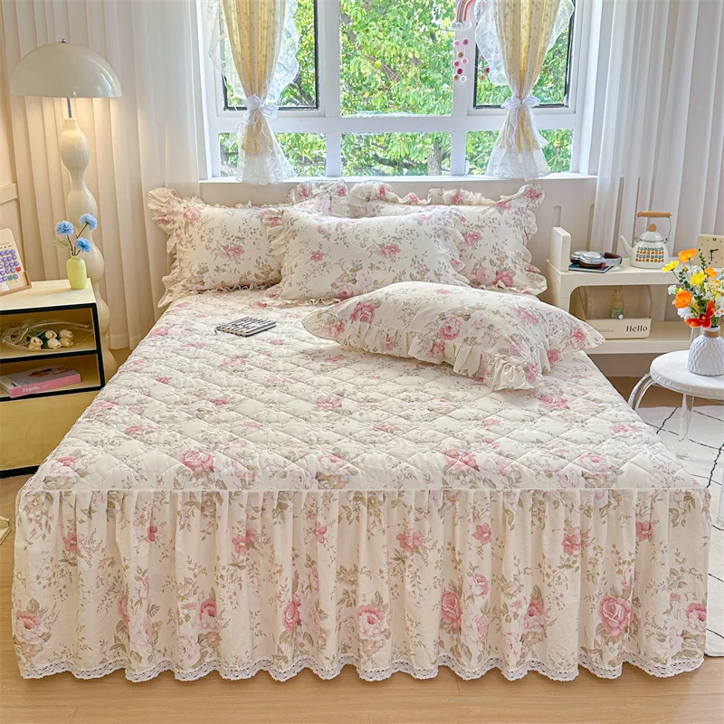 

100%Cotton Quilted Bed Skirt Single/Queen/King Size Floral Style Bed Cover with Skirt Thick Quilted Bed Sheet Flower Bed Skirts