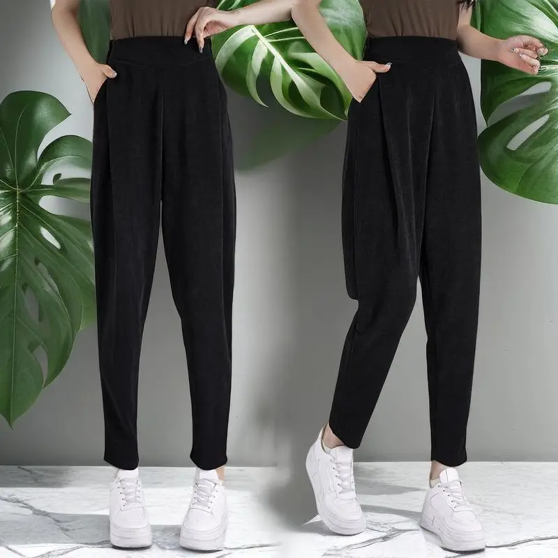 Tamanho grande casual harun calças primavera outono elástico de cintura alta calças femininas casuais calças retas