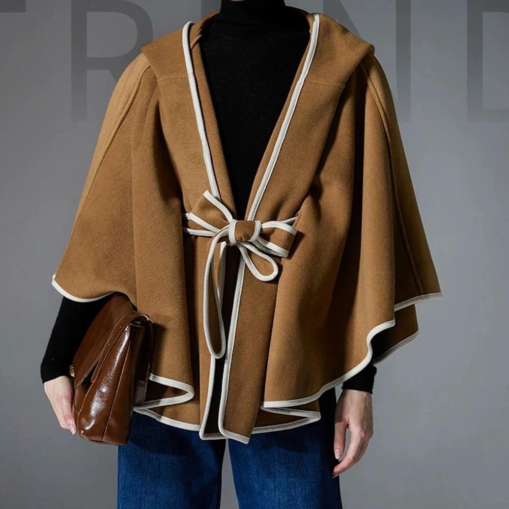 

New mid-range and high-end European and American autumn and winter camel-colored double-faced wool hooded shawl-GZXX718