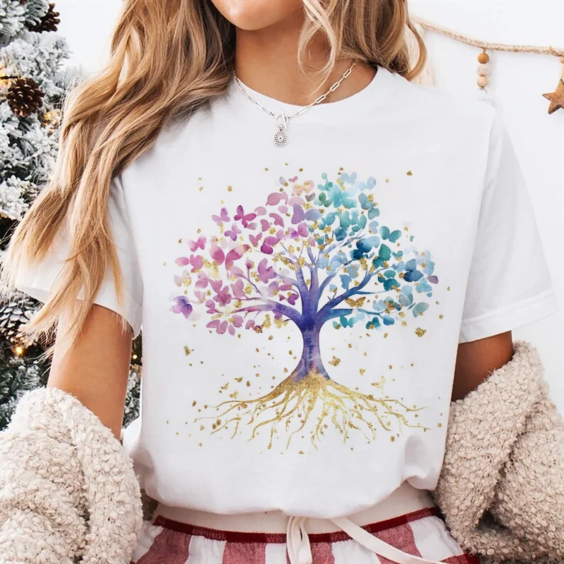 

Colorful Butterfly Tree Printed Pattern Clothing Casual Style Women's Round Neck Cartoon Top Versatile Street 90s Basic T-Shirt