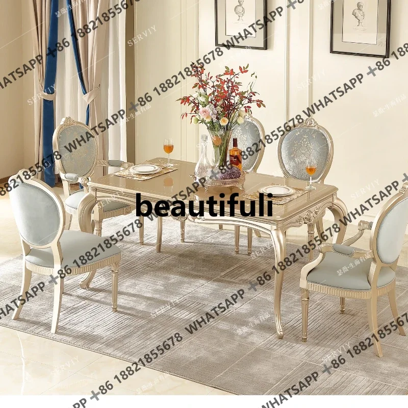 

French light luxury solid wood long dining table 1.6M European gold paint large flat layer dining table and chair set SE8