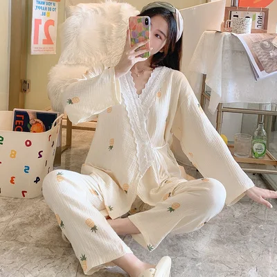 2022 nova primavera luz de luxo pijamas feminino japonês manga comprida bonito moda casa wear pijamas conjunto simples styleboutiqueclothing