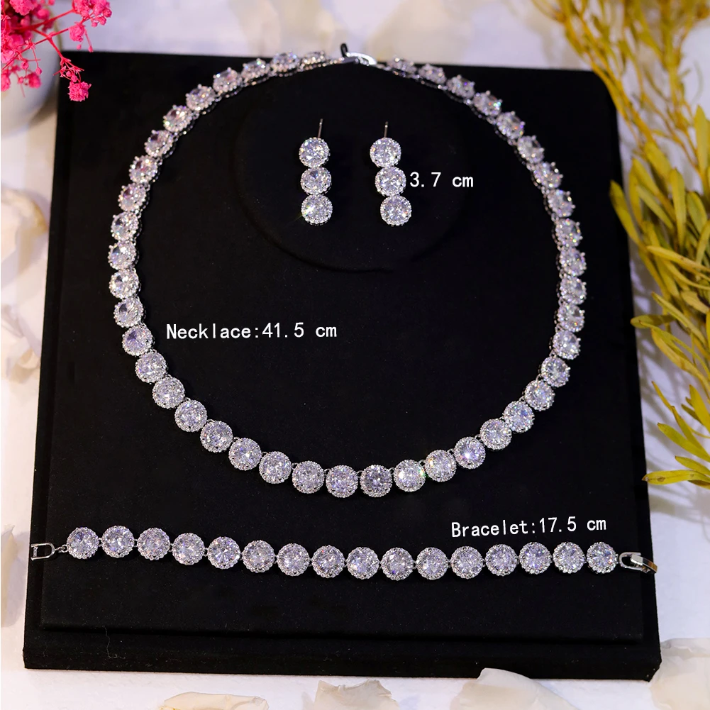 2024 New Luxury Cubic Zirconia Jewelry Set Wedding Party Accessories Trendy Red and Green Colors Circular CZ Necklace for Women