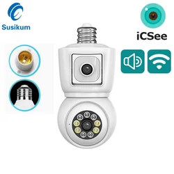 ICSEE 3MP 2MP E27 ampul WiFi kamera çift Lens çift ekran otomatik izleme iki yönlü ses renk gece görüş kapalı güvenlik kamera